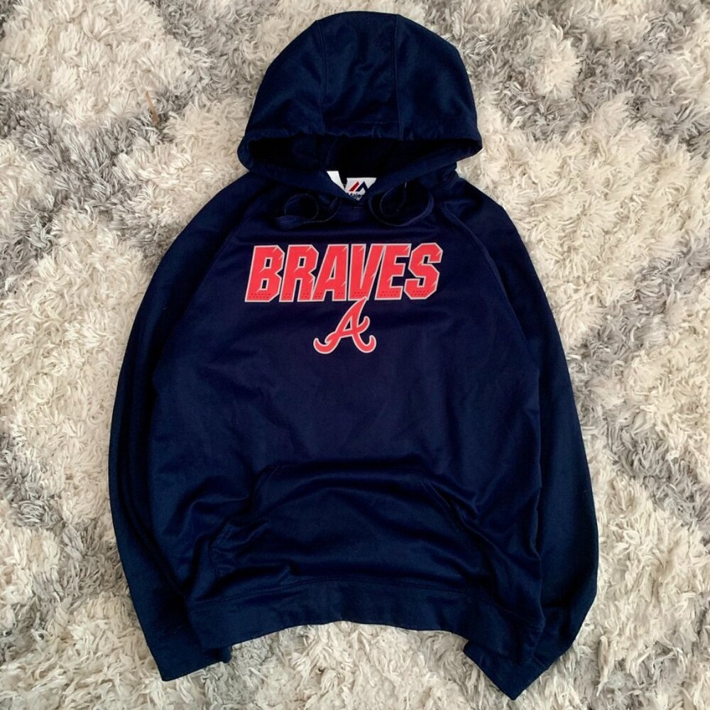 Atlanta Braves Men's Hoodie Large Majestic Navy Sweater Pullover Embroidered